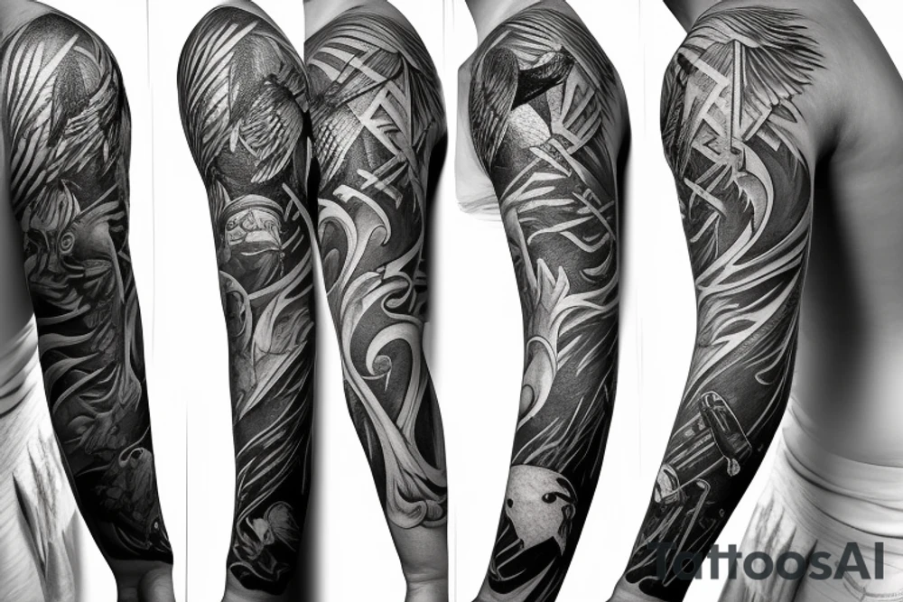 Full sleeve with a crow, compass, and pirate ship tattoo idea Full sleeve with a crow, compass, and pirate ship tattoo idea