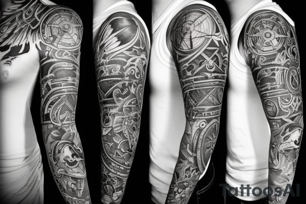Full sleeve with a crow, compass, and pirate ship tattoo idea Full sleeve with a crow, compass, and pirate ship tattoo idea
