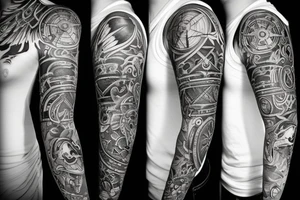 Full sleeve with a crow, compass, and pirate ship tattoo idea