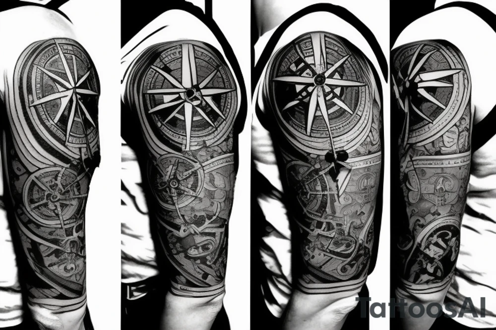 Half sleeve with a compass and pirate ship tattoo idea Half sleeve with a compass and pirate ship tattoo idea