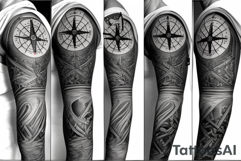 Half sleeve with a compass and pirate ship tattoo idea Half sleeve with a compass and pirate ship tattoo idea
