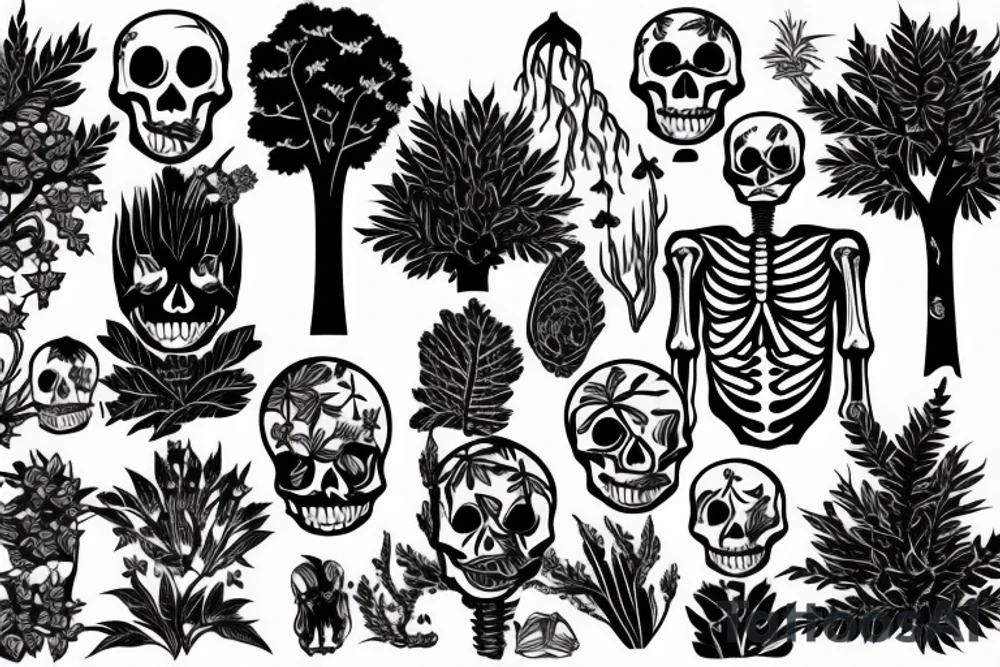 skeleton with plants and trees tattoo idea