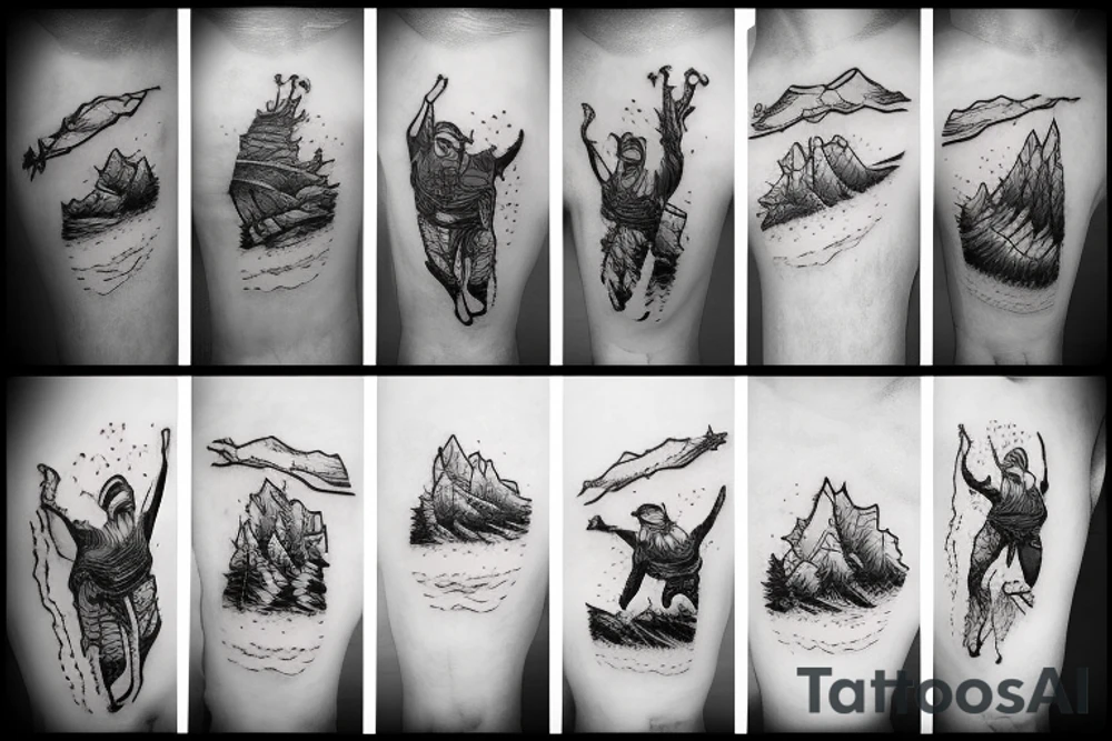 skier jumping off cliff of mountain tattoo idea