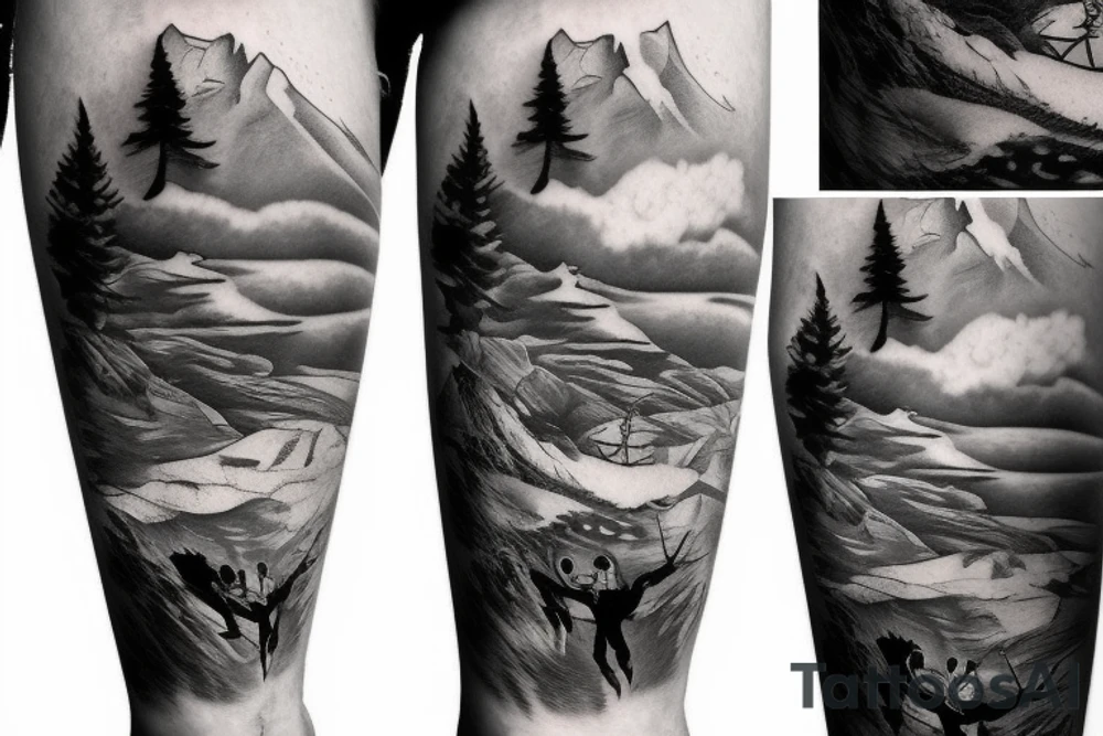 skier jumping off cliff of mountain tattoo idea