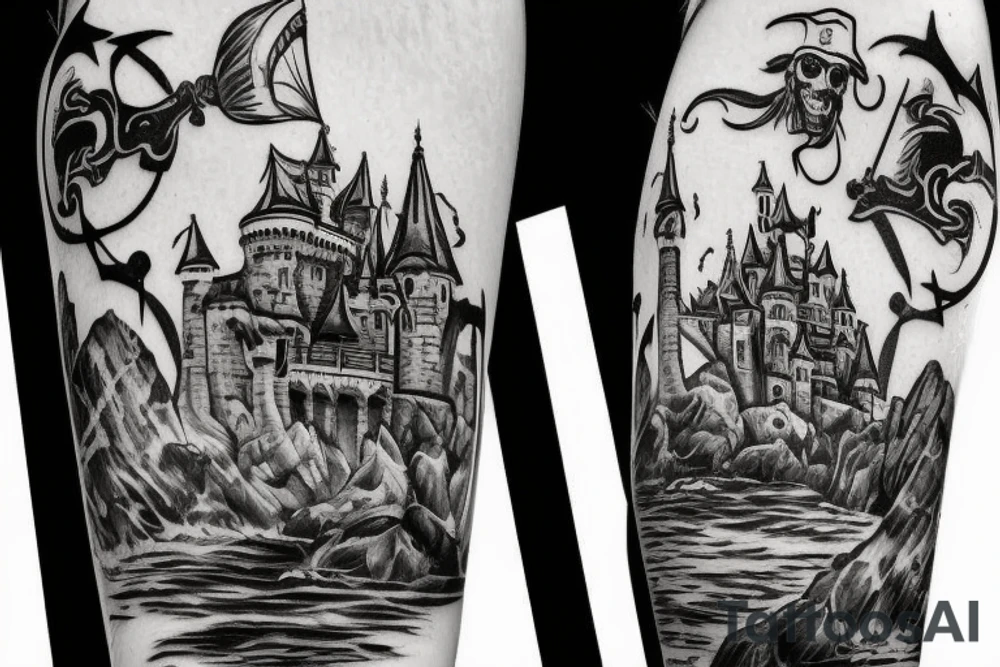 Pirate with castle in background tattoo idea