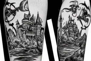 Pirate with castle in background tattoo idea