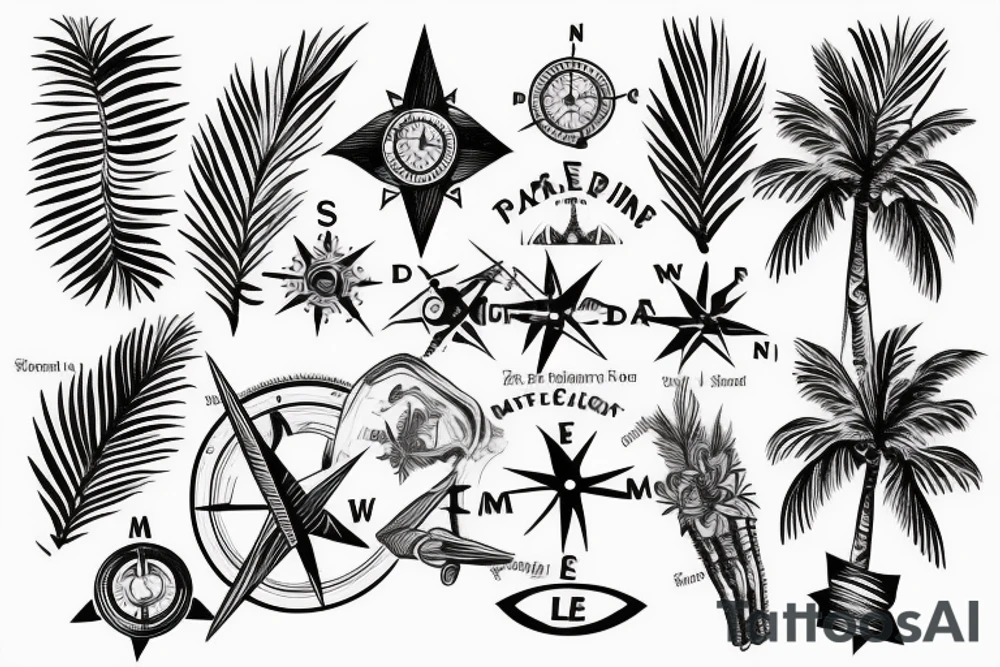 Sleeve tattoo with palm tree and compass tattoo idea