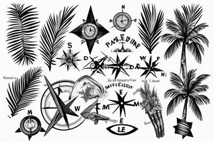 Sleeve tattoo with palm tree and compass tattoo idea