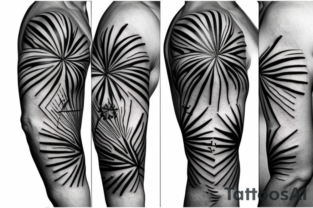 Sleeve tattoo with palm tree and compass tattoo idea