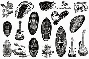 guitar and surfboard tattoo idea