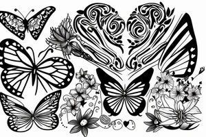 A heart, 7, butterfly and wild flower tattoo idea