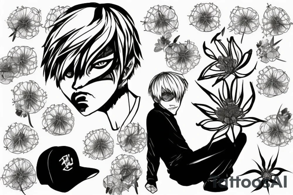 Kaneki Ken from Tokyo Ghoul with a Spider Lily Flower in front of him with the words “Whatever It Takes” in Japanese surrounding the photo. tattoo idea