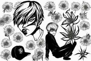 Kaneki Ken from Tokyo Ghoul with a Spider Lily Flower in front of him with the words “Whatever It Takes” in Japanese surrounding the photo. tattoo idea
