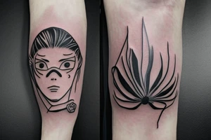 Kaneki Ken’s Mask from Tokyo Ghoul with a Spider Lily Flower in front of him with the words “Whatever It Takes” in Japanese surrounding the photo. tattoo idea