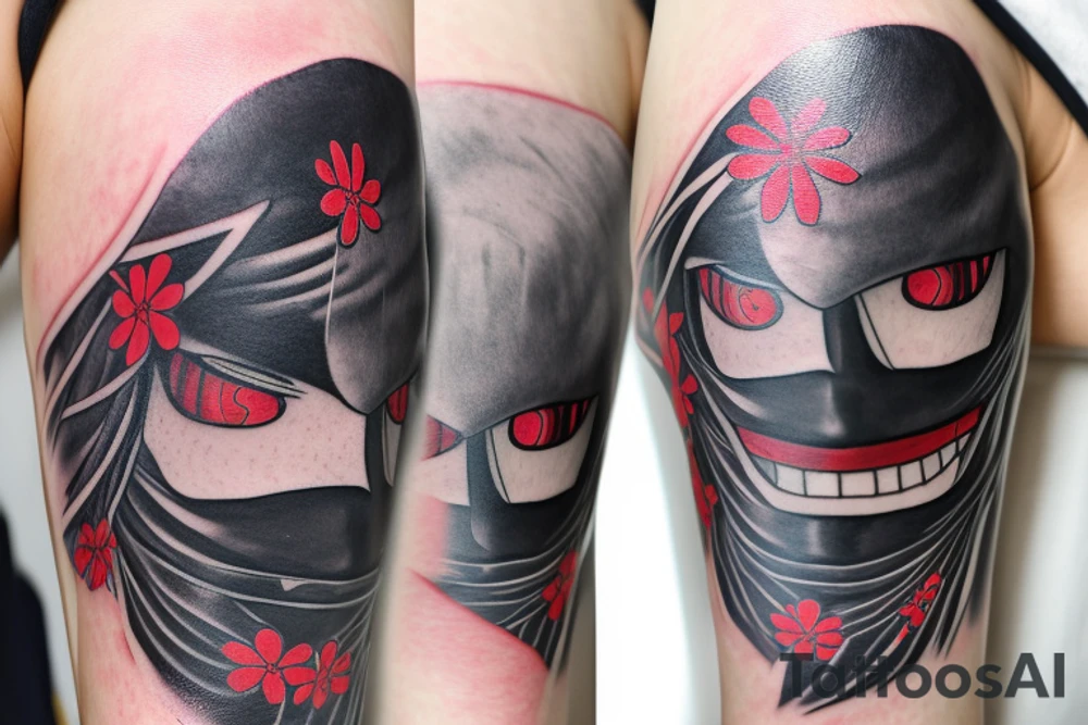 Kaneki Ken’s Mask from Tokyo Ghoul with a Spider Lily Flower in front of him with the words “Whatever It Takes” in Japanese surrounding the photo. tattoo idea