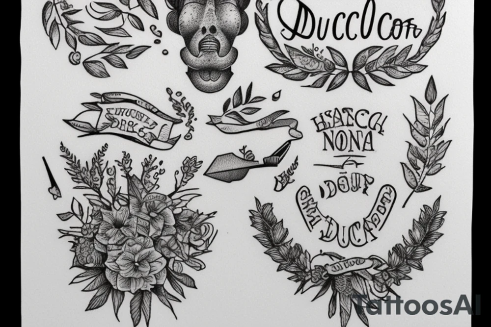In typewriter font, a quote "non ducor, duco" with a spear and a laurel wreath tattoo idea