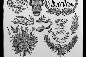 In typewriter font, a quote "non ducor, duco" with a spear and a laurel wreath tattoo idea