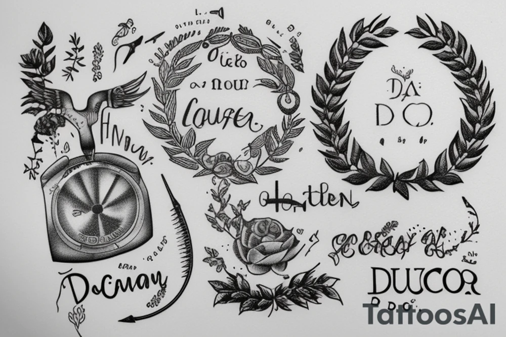 In typewriter font, a quote "non ducor, duco" with a spear and a laurel wreath tattoo idea