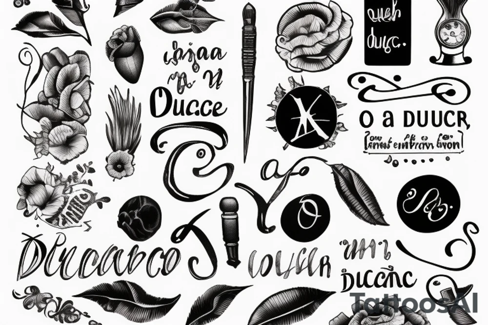 In typewriter font, a quote "non ducor, duco" with a quill and ink tattoo idea
