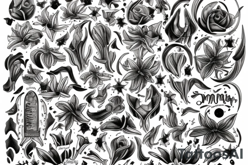 In typewriter font, a quote "non omnis moriar" stargazer lilies tattoo idea
