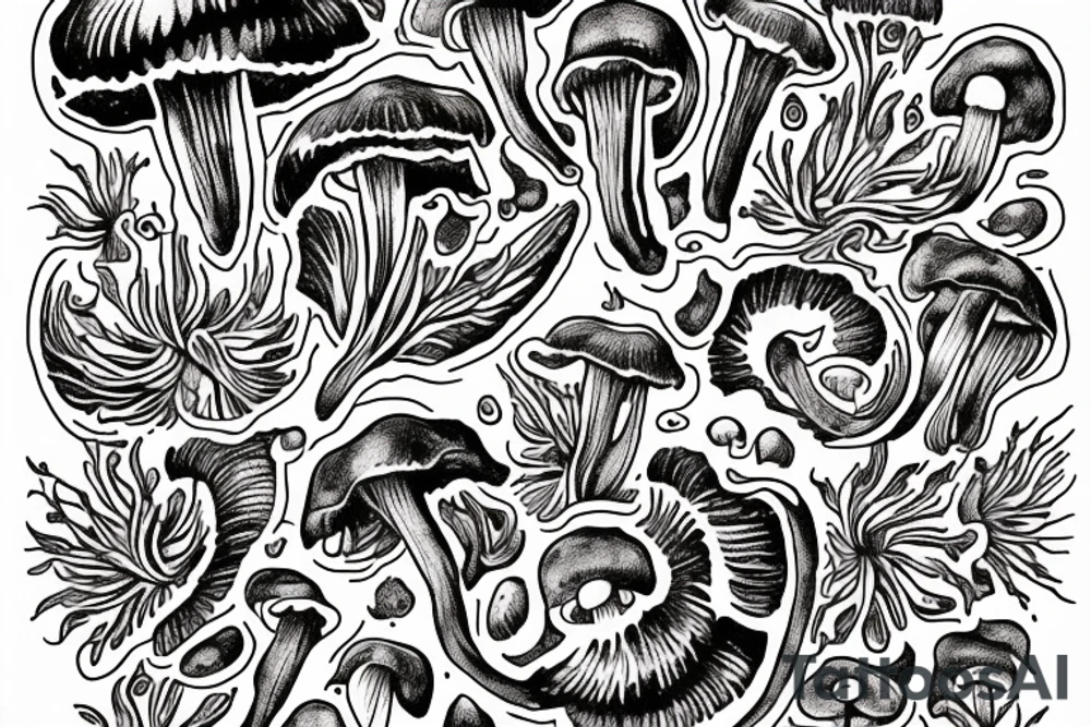 In typewriter font, a quote "non omnis moriar" stargazer lilies and mushrooms tattoo idea