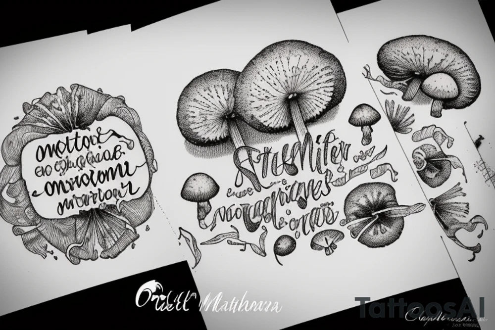 In typewriter font, a quote "non omnis moriar" stargazer lilies and mushrooms tattoo idea