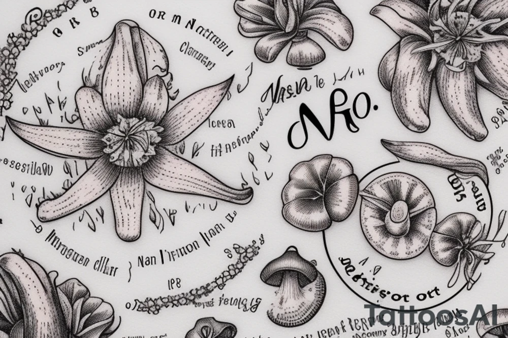 In typewriter font, a quote "non omnis moriar" stargazer lilies and mushrooms tattoo idea