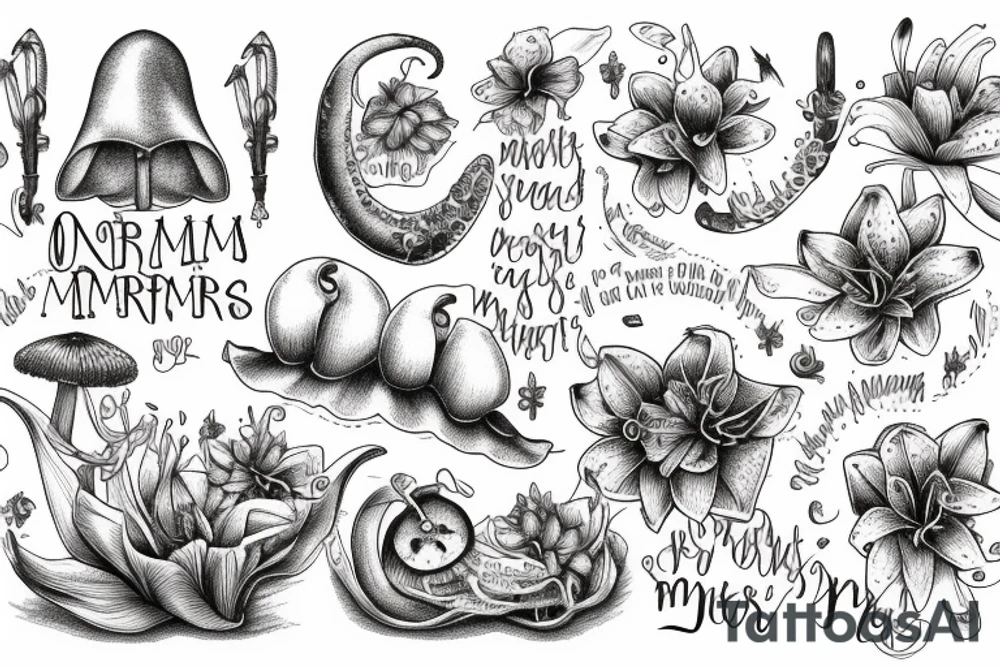 In typewriter font, a quote "non omnis moriar" stargazer lilies and mushrooms tattoo idea