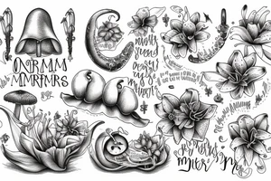 In typewriter font, a quote "non omnis moriar" stargazer lilies and mushrooms tattoo idea