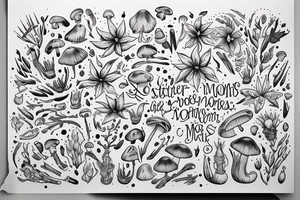 In bold antique typewriter font, a quote "non omnis moriar" surrounded by stargazer lilies and mushrooms tattoo idea