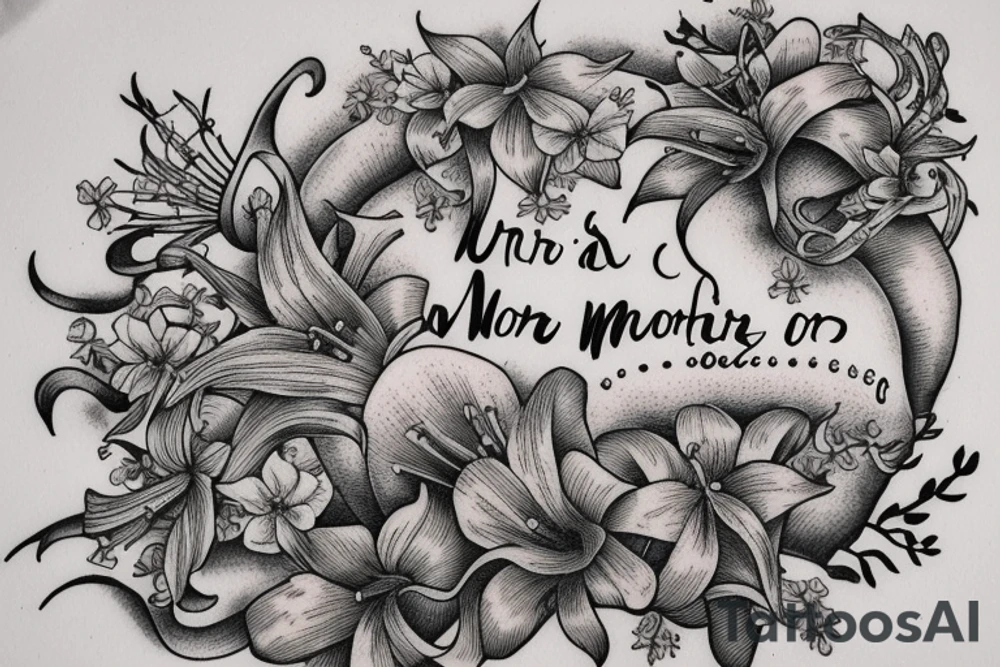 In bold antique typewriter font, a quote "non omnis moriar" surrounded by stargazer lilies and mushrooms tattoo idea