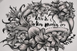 In bold antique typewriter font, a quote "non omnis moriar" surrounded by stargazer lilies and mushrooms tattoo idea