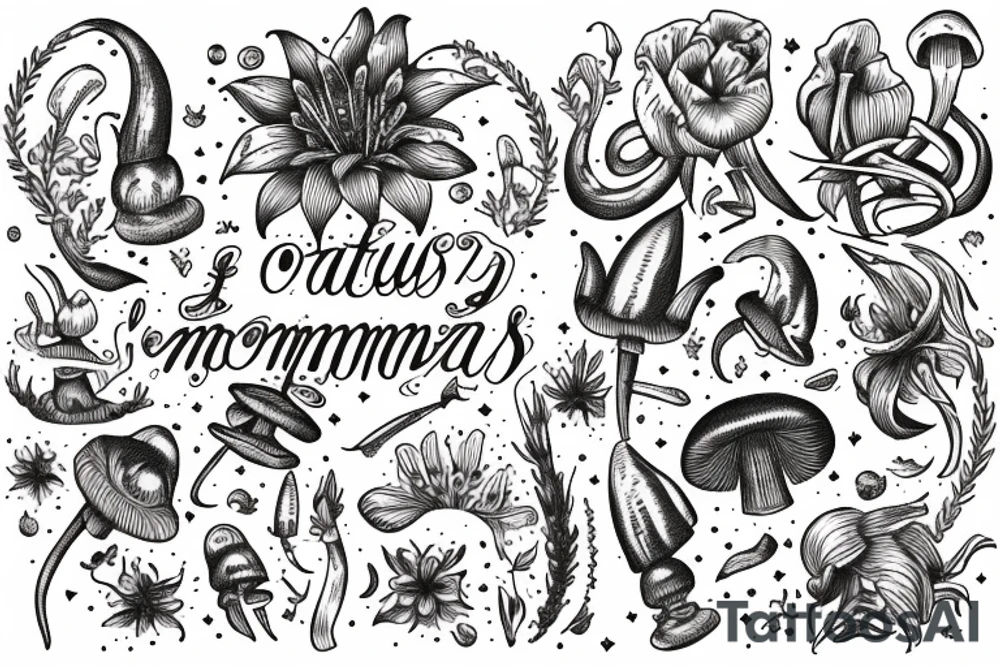 In bold antique typewriter font, a quote "non omnis moriar" surrounded by stargazer lilies and mushrooms tattoo idea