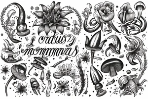 In bold antique typewriter font, a quote "non omnis moriar" surrounded by stargazer lilies and mushrooms tattoo idea