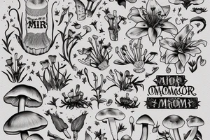 In bold antique typewriter font, a quote "non omnis moriar" surrounded by stargazer lilies and mushrooms tattoo idea