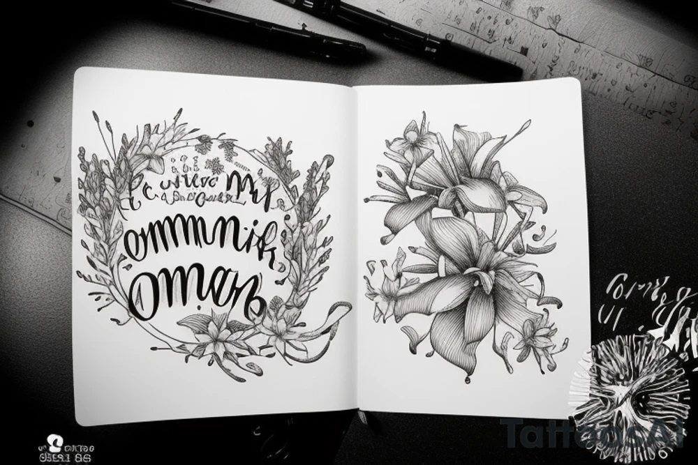 In bold antique typewriter font, a quote "non omnis moriar" surrounded by stargazer lilies and mushrooms tattoo idea