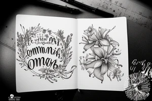 In bold antique typewriter font, a quote "non omnis moriar" surrounded by stargazer lilies and mushrooms tattoo idea