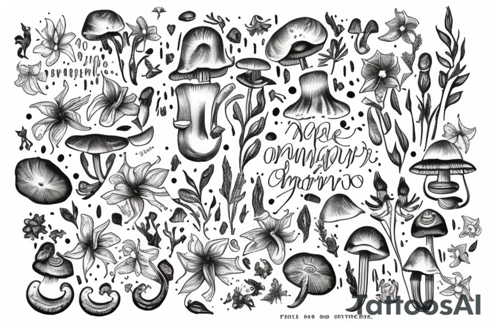 In bold antique typewriter font, a quote "non omnis moriar" surrounded by stargazer lilies and mushrooms tattoo idea