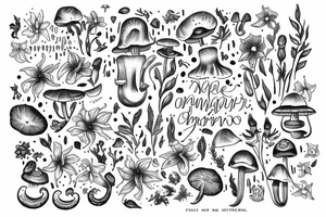 In bold antique typewriter font, a quote "non omnis moriar" surrounded by stargazer lilies and mushrooms tattoo idea