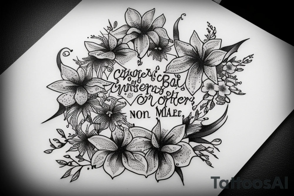 In bold antique typewriter font, a quote "non omnis moriar" surrounded by stargazer lilies and mushrooms tattoo idea