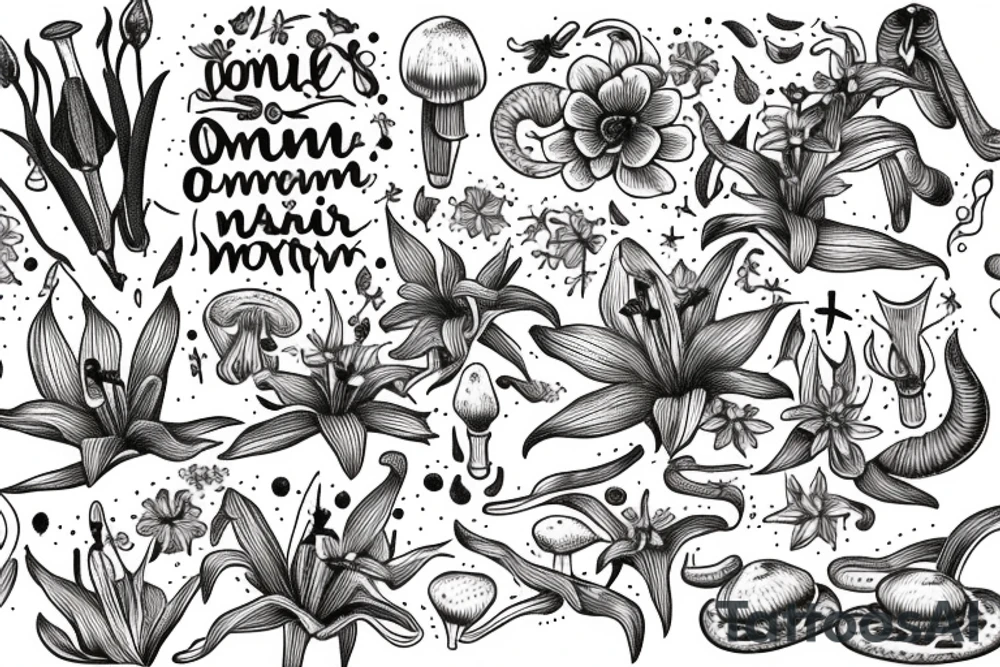 In bold antique typewriter font, a quote "non omnis moriar" surrounded by stargazer lilies and mushrooms tattoo idea