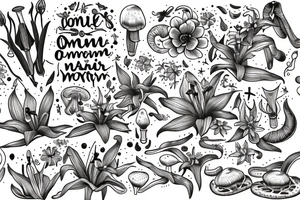 In bold antique typewriter font, a quote "non omnis moriar" surrounded by stargazer lilies and mushrooms tattoo idea