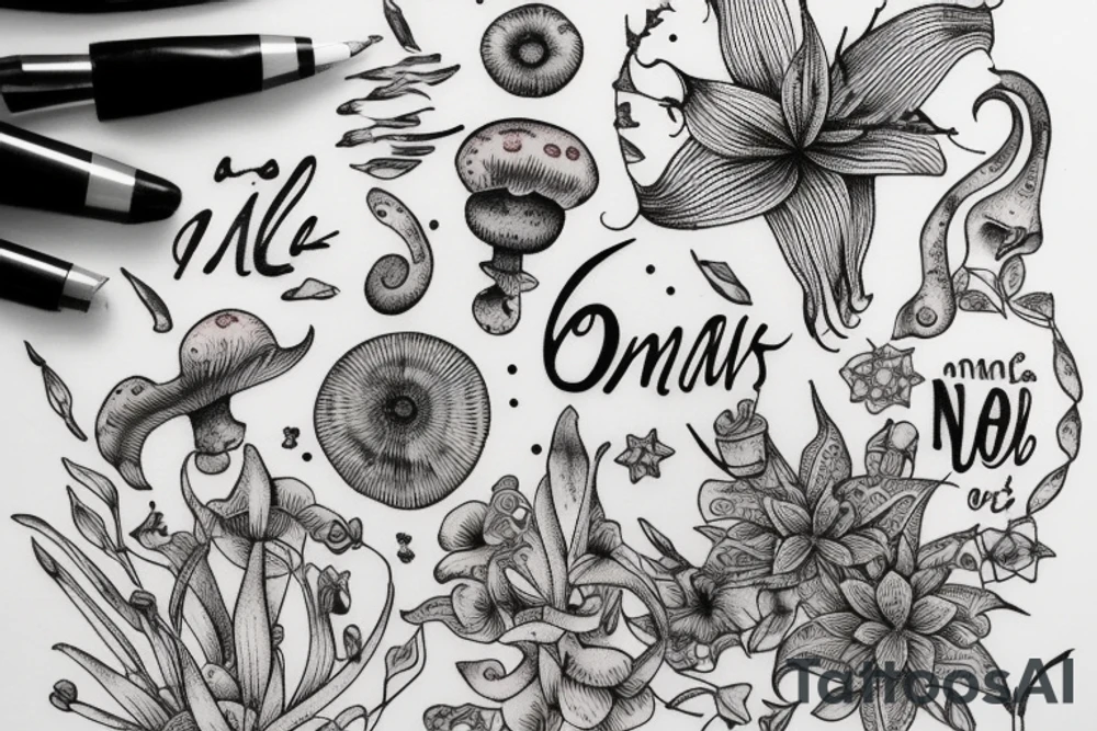 In bold antique typewriter font, a quote "non omnis moriar" surrounded by stargazer lilies and mushrooms tattoo idea