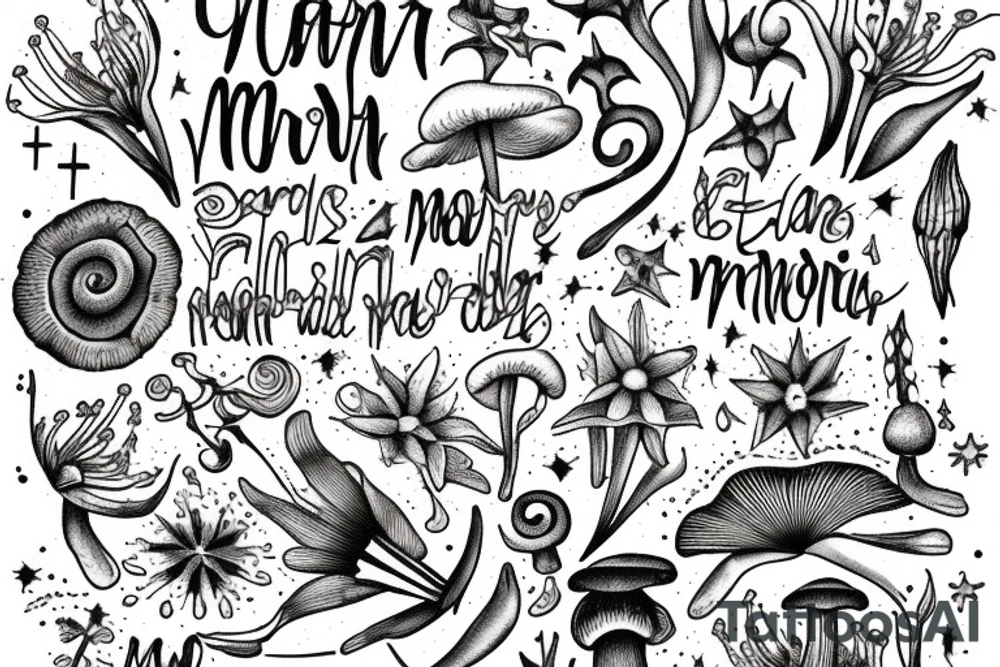 In bold antique typewriter font, a quote "non omnis moriar" surrounded by stargazer lilies and mushrooms tattoo idea