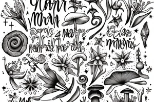 In bold antique typewriter font, a quote "non omnis moriar" surrounded by stargazer lilies and mushrooms tattoo idea