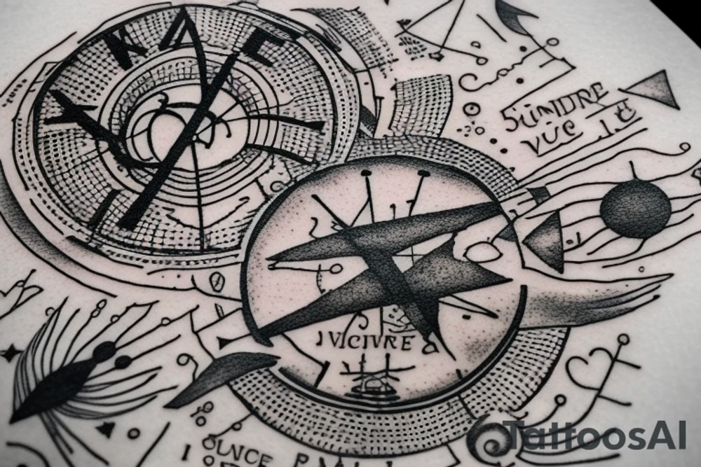 In bold antique typewriter font, a quote "Vivere disce" surrounded by a sundial and comet tattoo idea