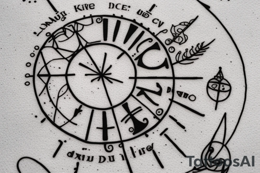 In bold antique typewriter font, a quote "Vivere disce" surrounded by a sundial and comet tattoo idea