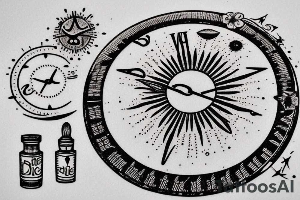 In bold antique typewriter font, a quote "Vivere disce" surrounded by a sundial and comet tattoo idea
