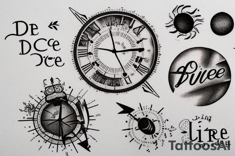 In bold antique typewriter font, a quote "Vivere disce" surrounded by a sundial and comet tattoo idea