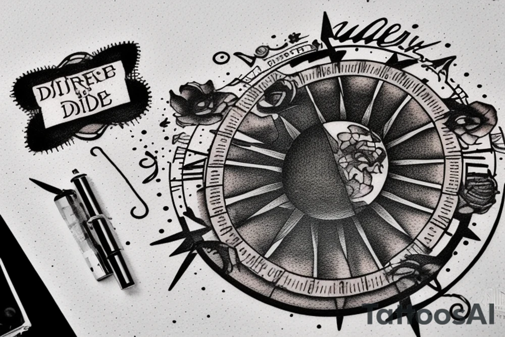 In bold antique typewriter font, a quote "Vivere disce" surrounded by a sundial and comet tattoo idea